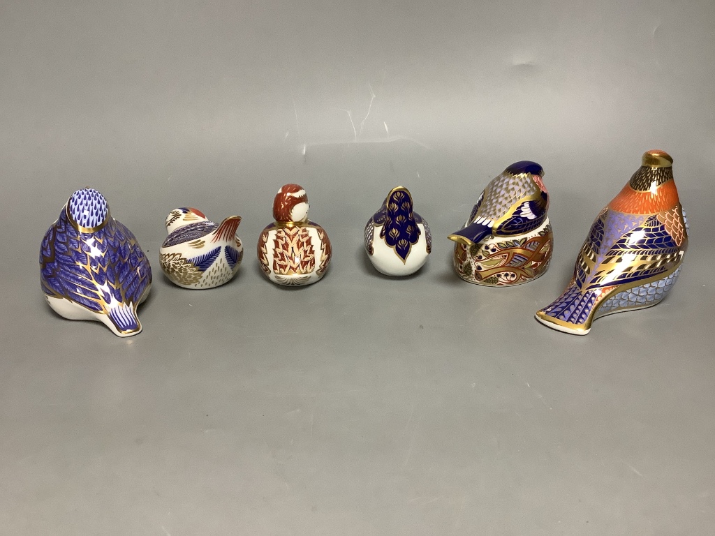 Six Royal Crown Derby bird paperweights, Bullfinch Nesting, Cardinal, Swimming Duckling, Goldcrest, Robin and Wren